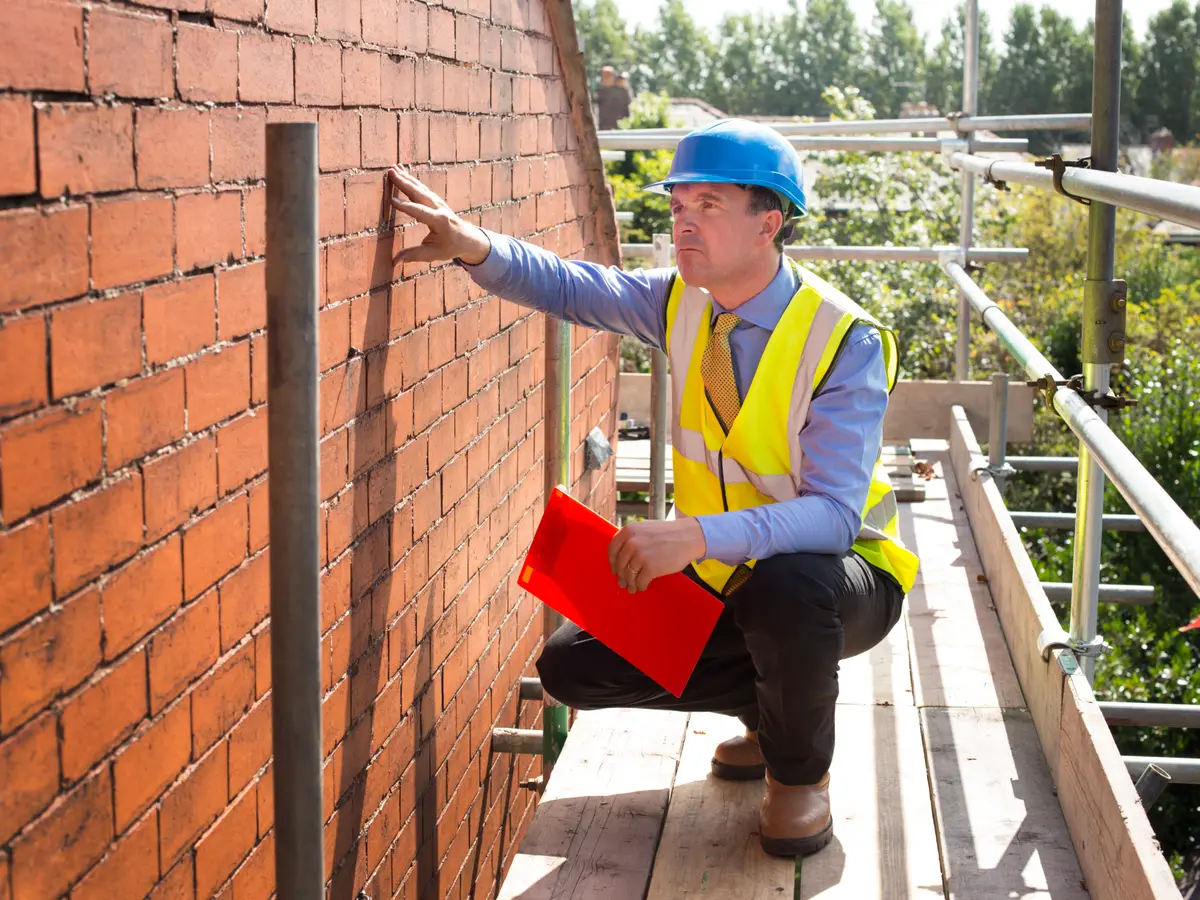 Roofer in a hard hat checking brickwork from the scaffold